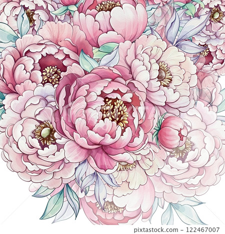Delicate peony flowers bloom in a breathtaking watercolor arrangement, radiating pastel shades and evoking a serene ambiance that welcomes spring template, background Delicate peony flowers bloom in a breathtaking watercolor arrangement, radiating pastel shades and evoking a serene ambiance that welcomes spring template, background 122467007