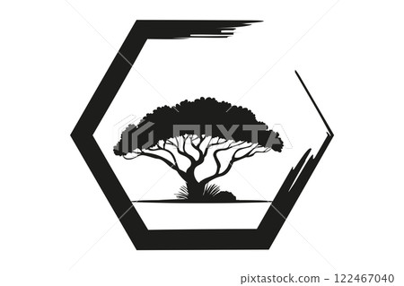 Acacia tree icon silhouette. African logo, Nature, exotic plant for printing, design or digital art. Black symbol isolated on white background  122467040