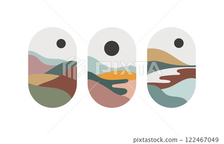 Vector illustration. Abstract landscapes with smooth lines in beige, green, brown tones. Sun or circle as an accent. 122467049