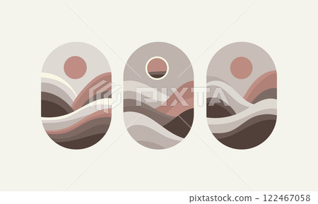 Vector illustration. The silhouette of the city looks like smooth lines with a rosy sun in the background. The pastel decor creates an impression of calm and harmony. Vector illustration. The silhouette of the city looks like smooth lines with a rosy sun in the background. The pastel decor creates an impression of calm and harmony. 122467058