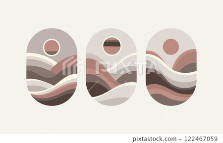 Abstract landscape forms in ovals with mountains and moon in beige and brown tones. Calm composition suitable for interior design. 122467059