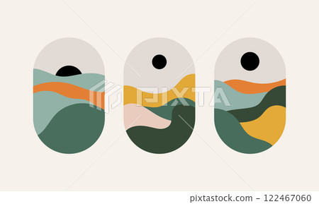 Vector illustration. Abstract landscapes with smooth lines in beige, green, brown tones. Sun or circle as an accent. Vector illustration. Abstract landscapes with smooth lines in beige, green, brown tones. Sun or circle as an accent. 122467060
