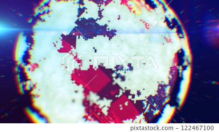 A digital representation of Earth in vibrant red and orange hues with pixelated textures, radiating energy and symbolizing technological advancement background 122467100
