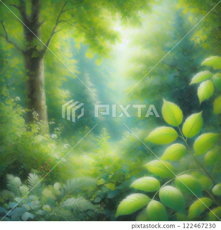 夢幻般的綠色森林，陽光透過森林 | 療癒係自然景觀 夢幻般的綠色森林 | 療癒自然景觀插畫 122467230