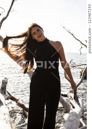 young pretty brunette woman on sea coast, lifestyle people concept 122467243