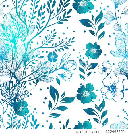 Beautiful seamless background with blue flowers and branches. hand drawing. Not AI, Vector illustration 122467251