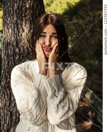 young pretty brunette woman on sea coast, lifestyle people concept 122467293