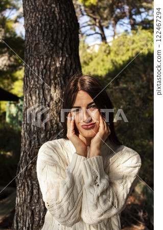 young pretty brunette woman on sea coast, lifestyle people concept 122467294