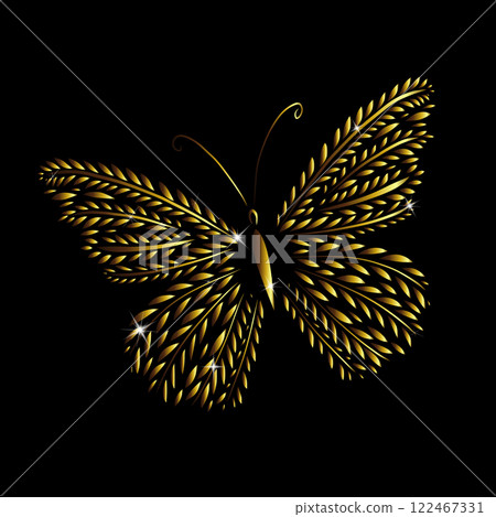 Golden butterfly from twigs and leaves. hand drawing. Not AI. Vector illustration 122467331