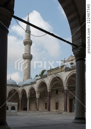 Courtyard at Suleimanye the magnificent Mosque. No people Courtyard at Suleimanye the magnificent Mosque. No people 122467340