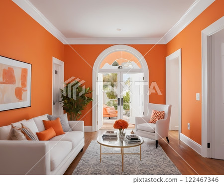 A living room sofa is positioned against an orange wall, with a white classic door in background A living room sofa is positioned against an orange wall, with a white classic door in background 122467346