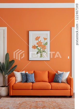 A living room sofa is positioned against an orange wall, with a white classic door in background A living room sofa is positioned against an orange wall, with a white classic door in background 122467349