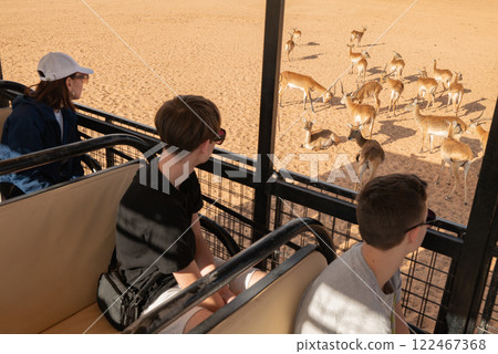 Tourists on a Safari Watching Gazelles in the Desert. Saudi Arabia. Safari 122467368