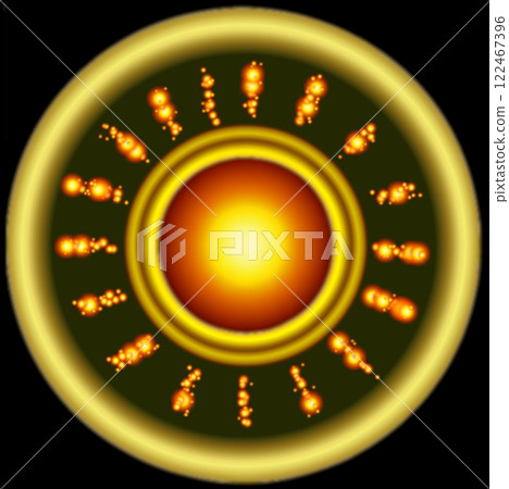 Yellow round icon on a black background. A bright red-yellow glow from which stripes of sparks emanate. Yellow round icon on a black background. A bright red-yellow glow from which stripes of sparks emanate. 122467396