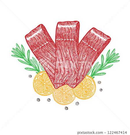 Fillet of red fish, sliced, with lemon and herbs. Hand-drawn vector illustration. A color image of a fish dish. On a white background. For menus, recipe books, packages, labels, invitations, banners. 122467414