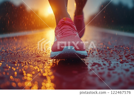 Close-up shot of running shoes on track at dawn, morning mist, soft golden sunlight and little rain. 122467576