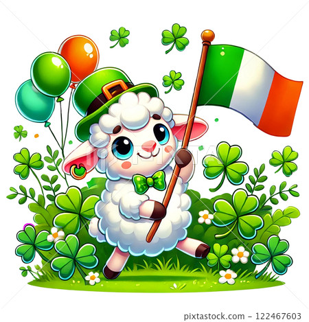 Adorable sheep celebrating with balloons and a flag. St. Patrick's animal cartoon character 122467603