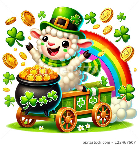 Cheerful cartoon sheep celebrating St. Patrick's Day with gold. St. Patrick's animal cartoon character 122467607