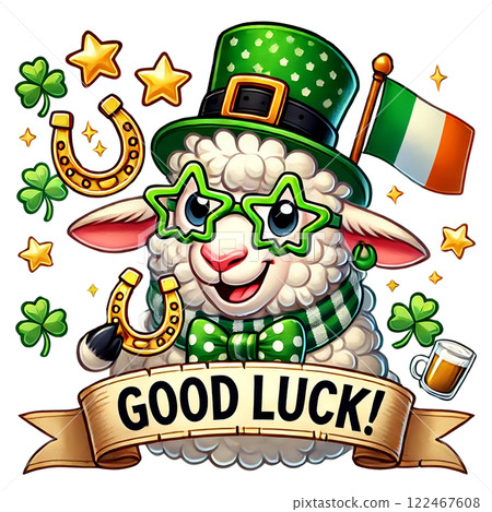 Cheerful cartoon sheep wishing good luck with festive symbols. St. Patrick's animal cartoon character 122467608