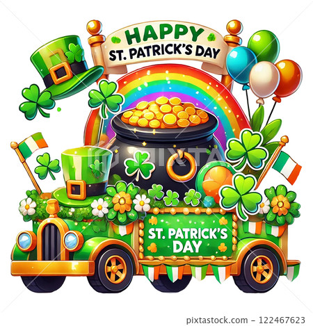 Festive St. Patrick's Day parade with colorful decorations. St. Patrick's animal cartoon character Festive St. Patrick's Day parade with colorful decorations. St. Patrick's animal cartoon character 122467623