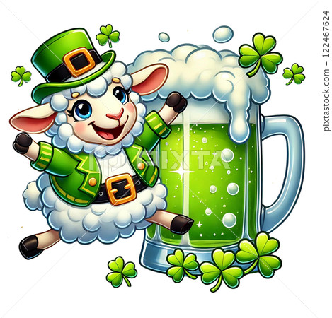 Playful sheep with a green beer in celebration of St. Patrick's Day. St. Patrick's animal cartoon character 122467624