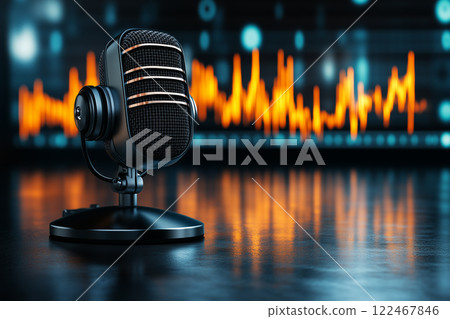 Vintage Microphone with Waveform Display on Pastel Background for Podcasting or Broadcasting 122467846