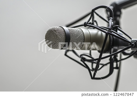 Microphone with Waveform on Pastel Background for Broadcasting or Podcasting Banner Design 122467847