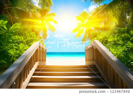 Serene Sunrise View from a Footbridge Leading to a Tranquil Beach Surrounded by Lush Palm Trees 122467848