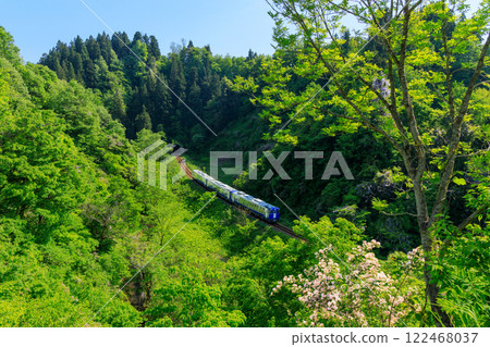 A tourist train on the Iiyama Line leisurely runs through Iwasawa, surrounded by clear blue skies and fresh greenery. A tourist train on the Iiyama Line leisurely runs through Iwasawa, surrounded by clear blue skies and fresh greenery. 122468037