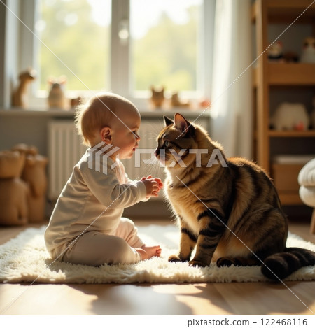 A curious baby sits on a soft rug, gazing intently at a fluffy cat. The sun filters through the windows, creating a warm and inviting atmosphere in a playful living room. 122468116