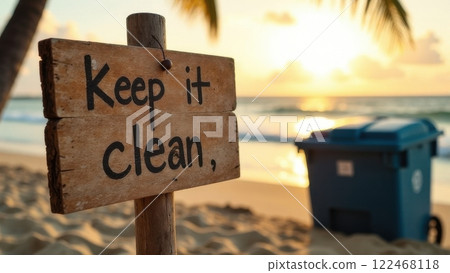 A wooden sign urging beachgoers to keep the area clean stands in front of a bin, as the sun sets over the ocean, casting a warm glow on the sandy beach. 122468118