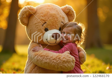 A joyful child smiles while hugging a large teddy bear in a beautifully lit park during autumn. The warm sunlight casts a golden glow around them, enhancing this charming moment. A joyful child smiles while hugging a large teddy bear in a beautifully lit park during autumn. The warm sunlight casts a golden glow around them, enhancing this charming moment. 122468170