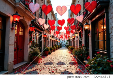 A quaint alley is decorated with red and pink hearts hanging above, setting a romantic atmosphere. A quaint alley is decorated with red and pink hearts hanging above, setting a romantic atmosphere. 122468171