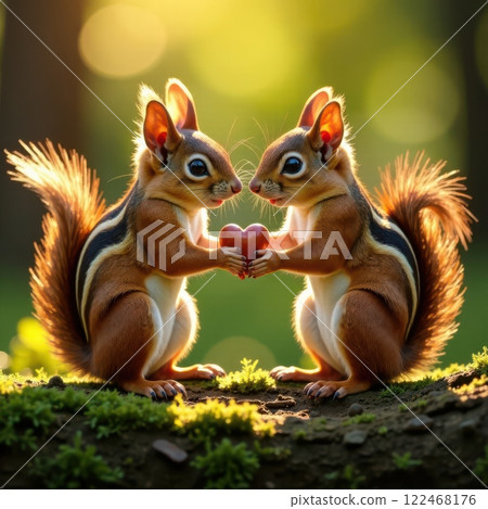 Two adorable squirrels stand on a mossy log, holding a heart between them. The soft glow of the setting sun creates a warm atmosphere in the vibrant forest surroundings. 122468176