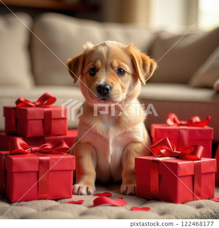 A small golden puppy sits in front of a couch, surrounded by bright red gift boxes decorated with bows. The dog looks curiously at the camera, adding warmth to the cozy atmosphere. 122468177