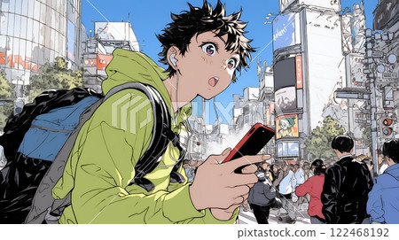 A young man is surprised at the screen of his smartphone A young man is surprised at the screen of his smartphone 122468192