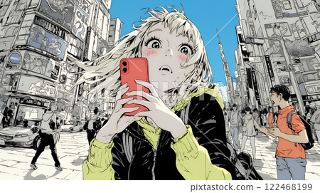 年輕女子對智慧型手機的螢幕感到驚訝 122468199