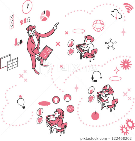 一組 ICT 教育教師和學生在課堂上教學的符號圖示的庫存插圖素材 一組 ICT 教育教師和學生在課堂上教學的符號圖示的庫存插圖素材 122468202