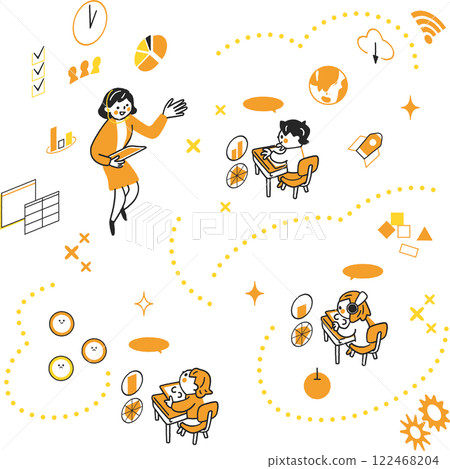 一組 ICT 教育教師和學生在課堂上教學的符號圖示的庫存插圖素材 122468204