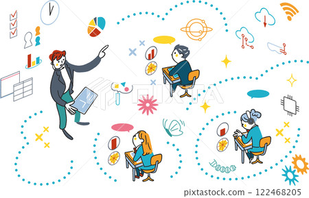 Stock illustration material of a set of symbolic icons of ICT education instructors and students teaching in the classroom 122468205