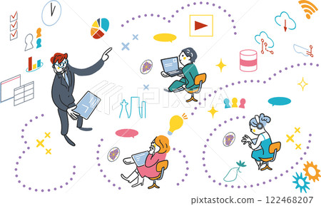 ICT 教育講師和在課堂上教學的在職成人的符號圖示集的庫存插圖材料 ICT 教育講師和在課堂上教學的在職成人的符號圖示集的庫存插圖材料 122468207