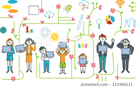 ICT education and people connected through networks Stock illustration material of a set of IT symbolic icons ICT education and people connected through networks Stock illustration material of a set of IT symbolic icons 122468211