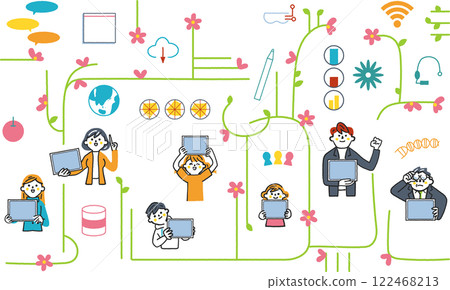 ICT 教育和透過網路連結的人一組 IT 符號圖示的庫存插圖素材 122468213