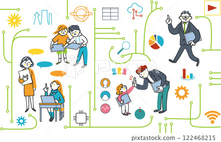 ICT education and people connected through networks Stock illustration material of a set of IT symbolic icons ICT education and people connected through networks Stock illustration material of a set of IT symbolic icons 122468215