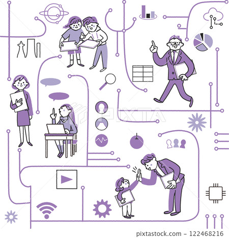 ICT education and people connected through networks Stock illustration material of a set of IT symbolic icons 122468216