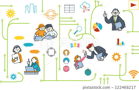 ICT 教育和透過網路連結的人一組 IT 符號圖示的庫存插圖素材 122468217