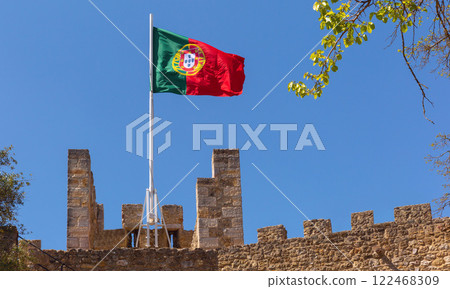 Portuguese flag at Fort Sao Jorge, Lisbon, Portugal Portuguese flag at Fort Sao Jorge, Lisbon, Portugal 122468309