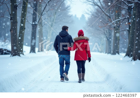 A couple strolls closely together down a snowy path in a park, surrounded by trees. Snow falls gently around them, creating a romantic winter atmosphere. 122468397