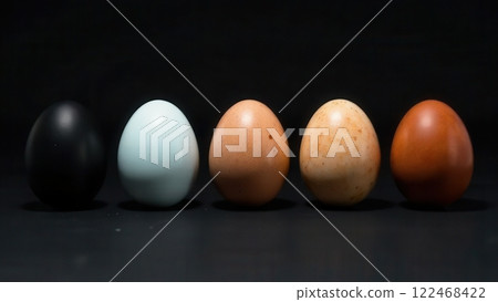 Five differently colored eggs are arranged from left to right on a black background. The eggs showcase various shades, creating an interesting visual contrast and appeal. 122468422