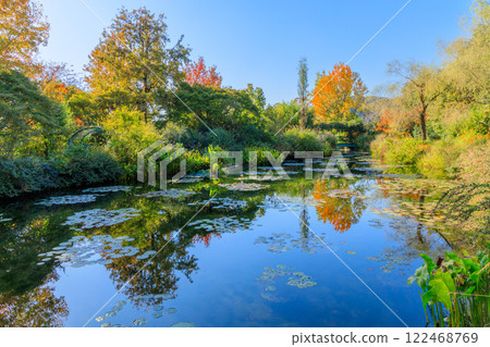 莫內花園中漂浮的睡蓮倒映著深藍色的天空 122468769